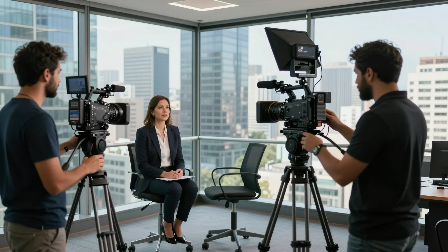 Equipo de video corporativo filmando entrevista en oficina en Las Condes Santiago
