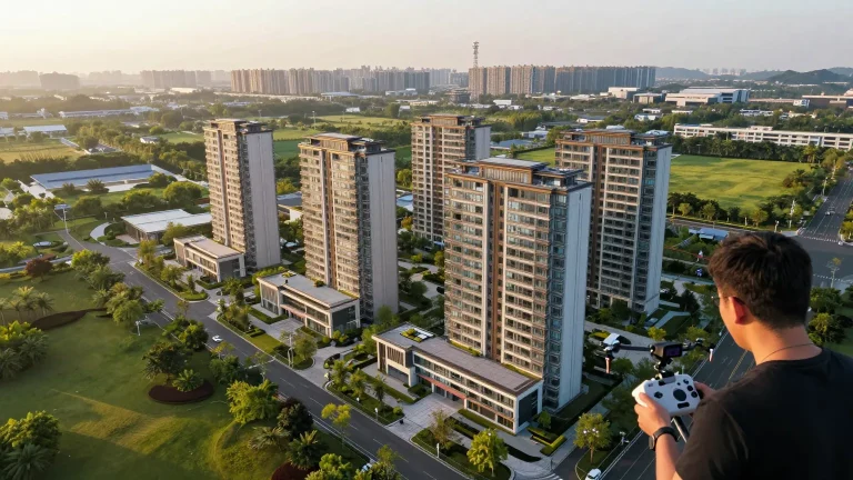 Drone captando video aereo de proyecto inmobiliario en Vitacura Santiago